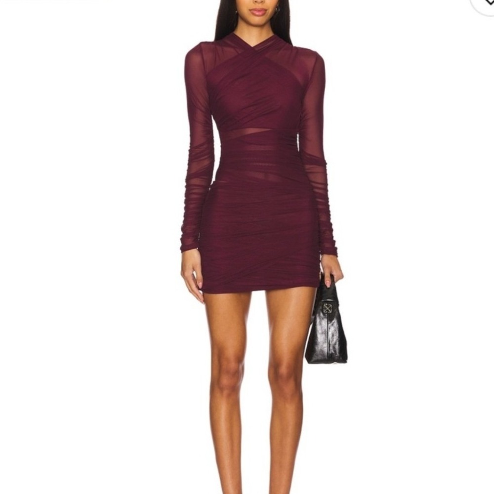 SER.O.YA Moxey Ruched Mini Dress Small Merlot Mesh Draped Bodycon Party Event